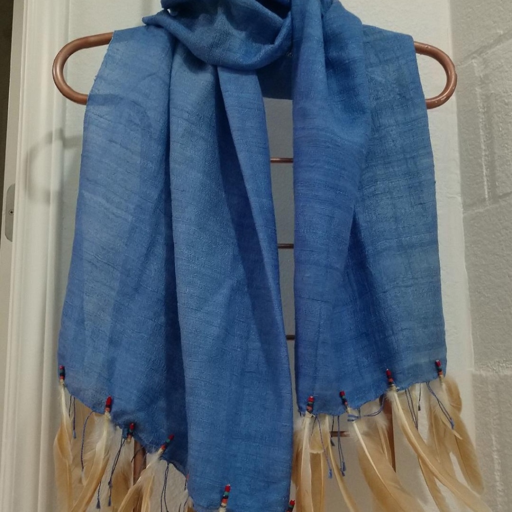 Blue Scarf w/Polish Top Hat Chicken Feather fringe